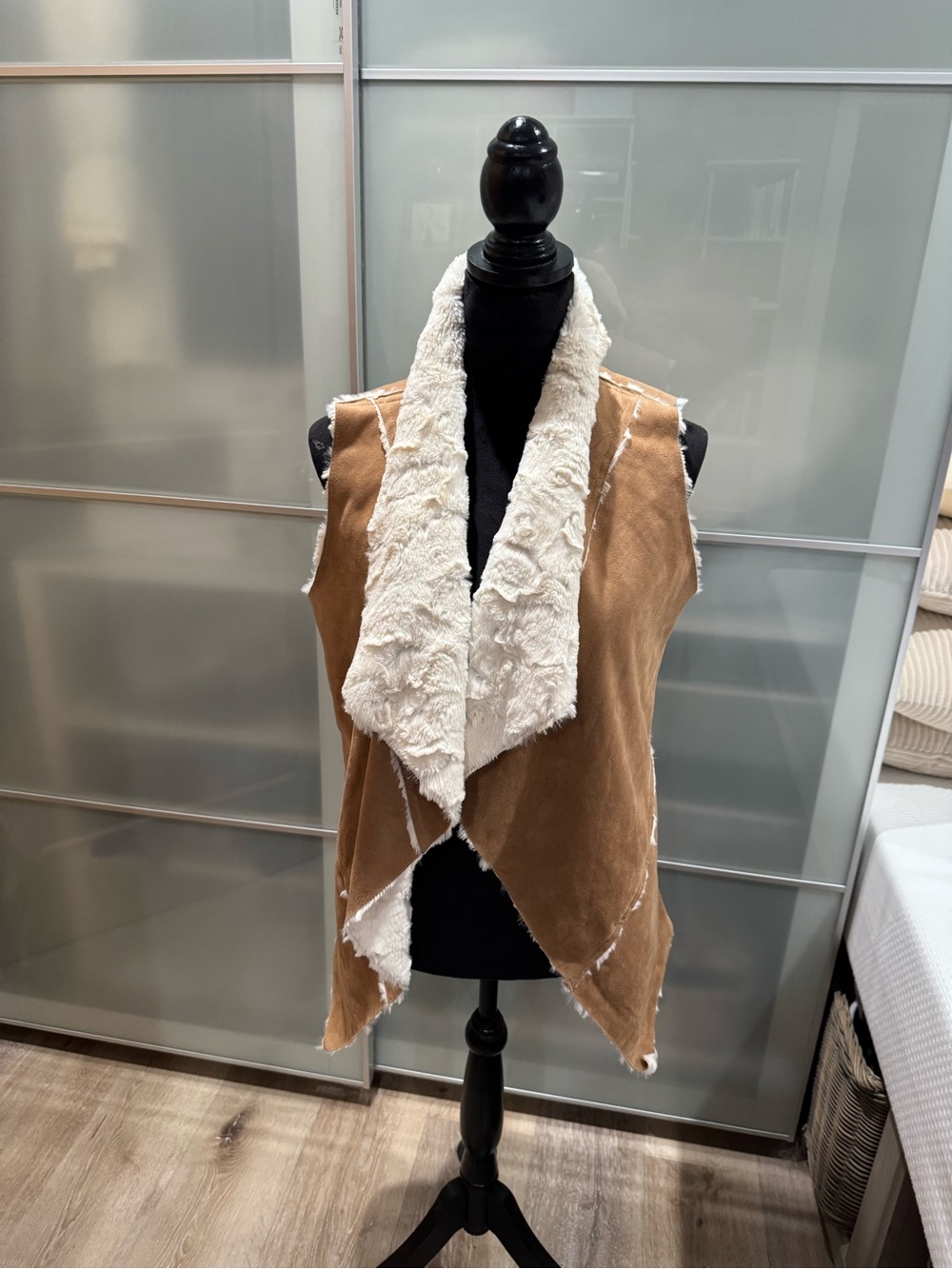 Faux Suede Sleeveless Vest with Ivory Sherpa Collar